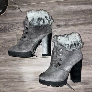 Gray Faux Fur Ankle Boots